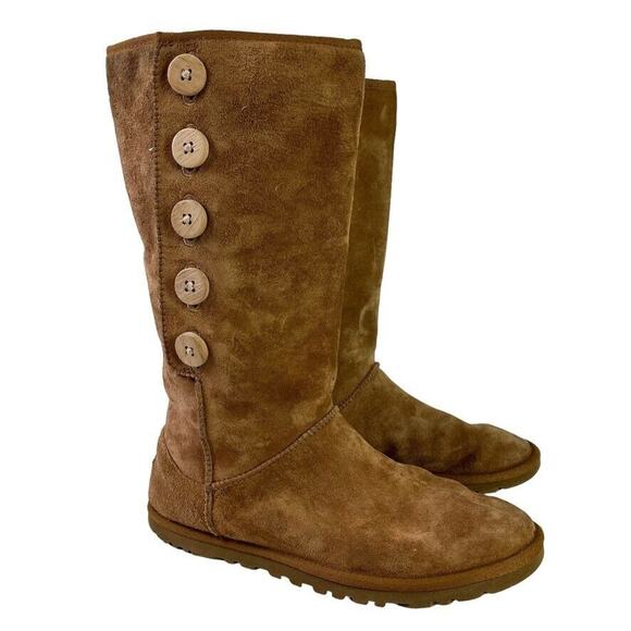 Ugg 3387 Lo Pro Button Fold Over Suede Leather Sheepskin Womens Tan Boots 6 - Picture 1 of 16